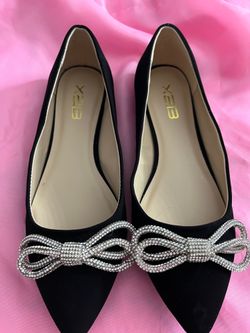 Black Suede Pointed-Toe Flats with Rhinestone Bow
