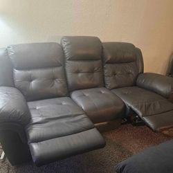 Electric Reclining Grey Leather Couch w/ USB charging Ports