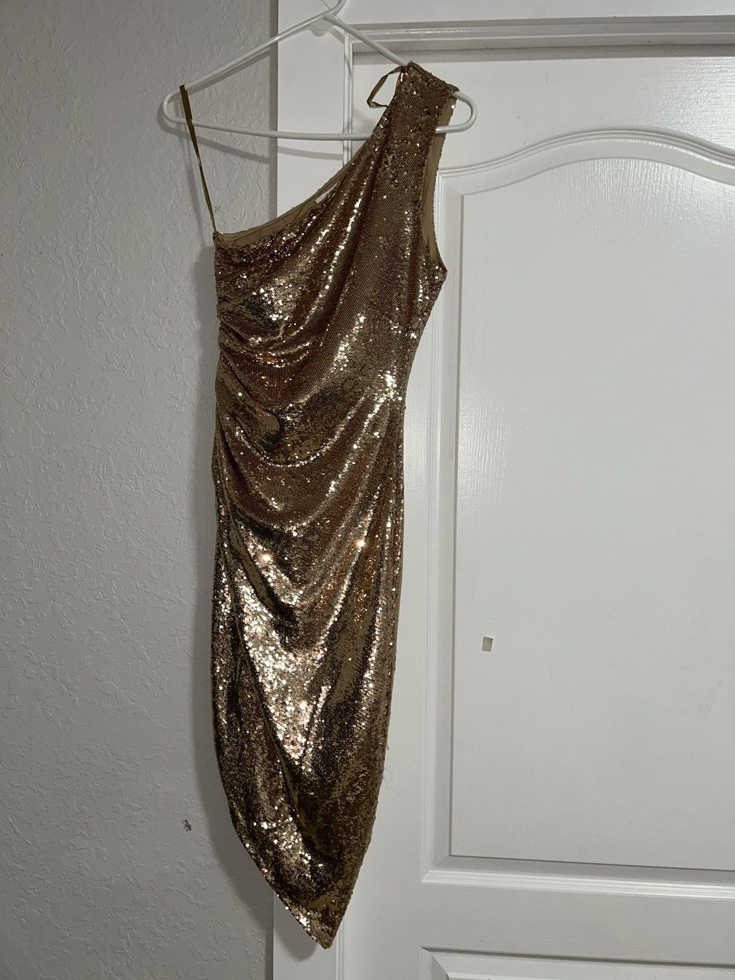 Gold Cocktail Dress Sequin Side Sweep