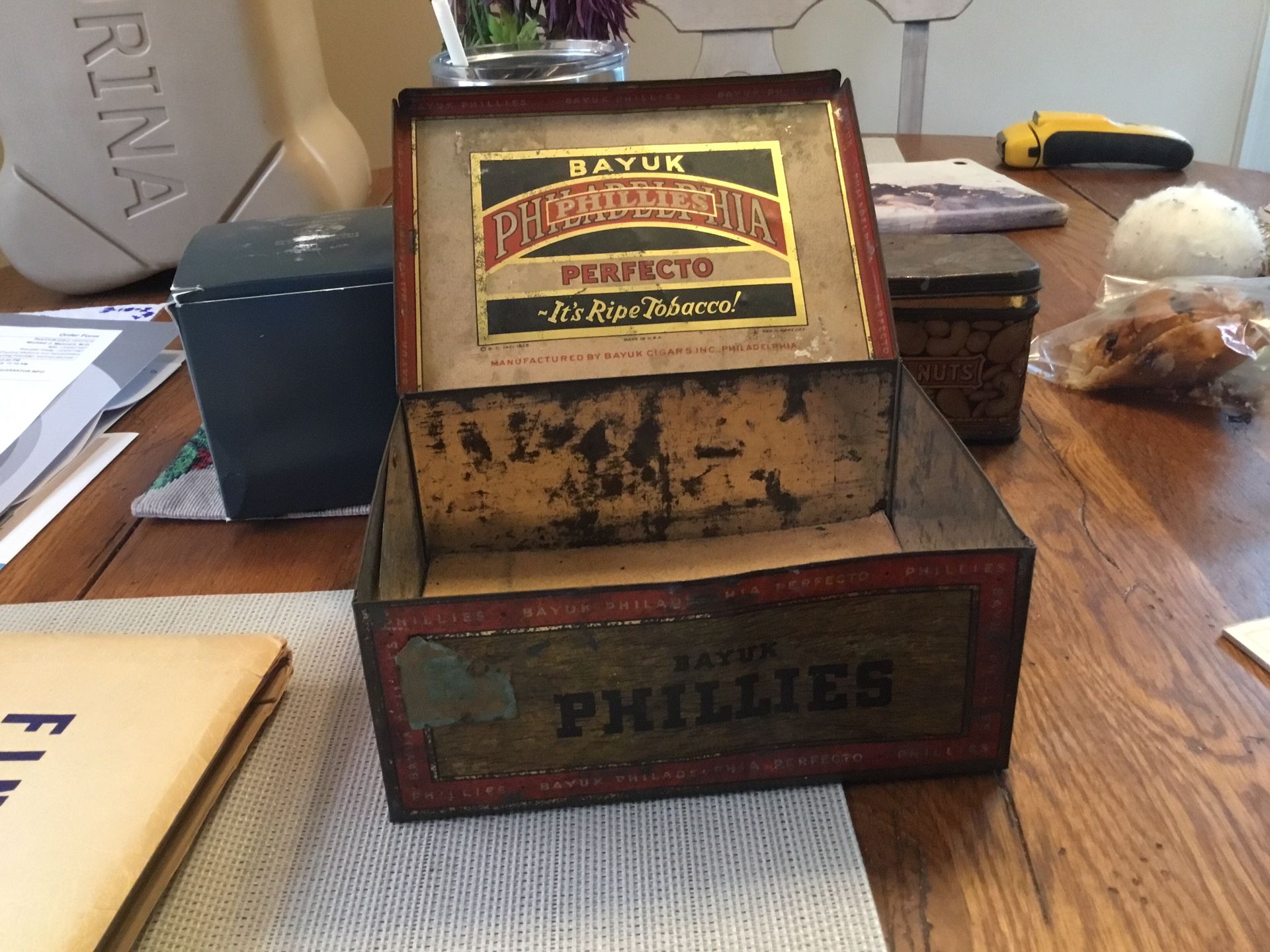 BAYUK TIN PHILLIES CIGAR BOX WITH ATTACHED LID-$13