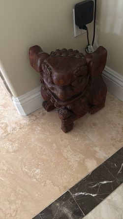 Large Hand-Carved Wooden Foo Dog Statue