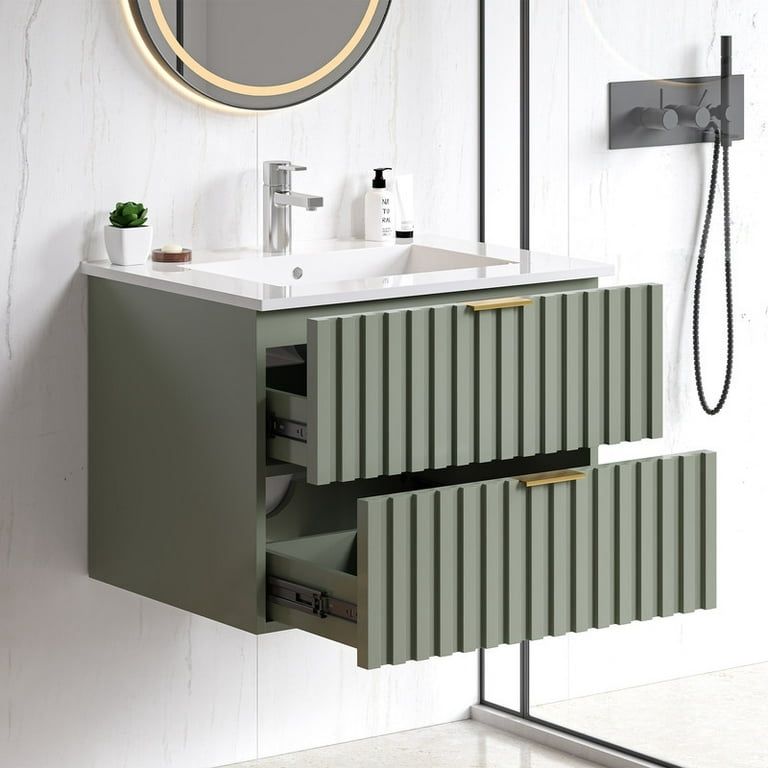 24 Inch Bathroom Vanity with Sink Combo Floating Bathroom Vanity with 2 Fluted Drawers & Metal Handle Modern Wall Mount Storage Cabinet with Ceramic
