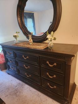 Dark wood Dresser with attached Mirror,9 Drawers