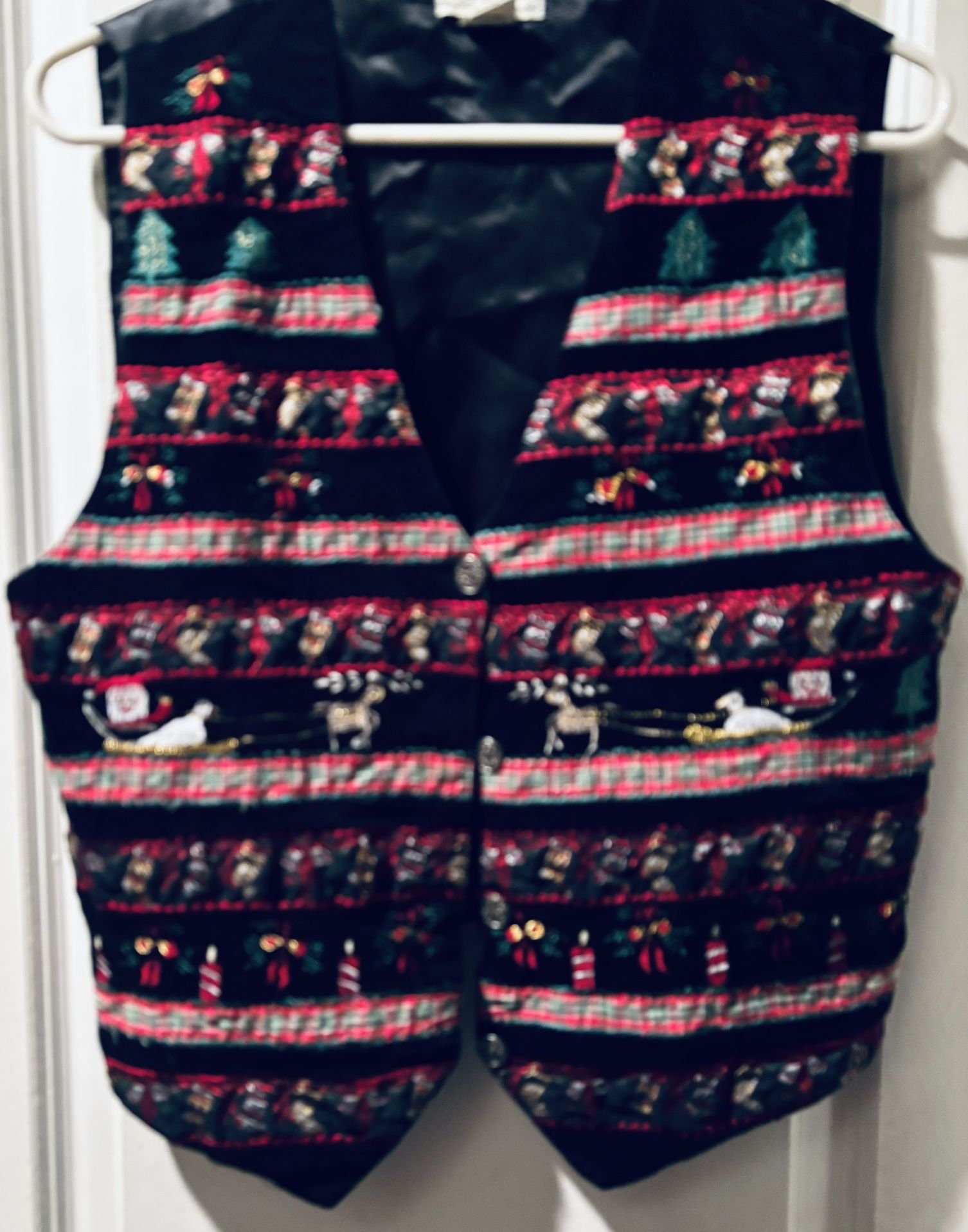 Vintage TanTrums Crushed Velvet Christmas Vest Santa Riding on Duck Sleigh Siz M