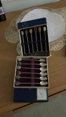 Vintage Barware spoons and fork thing in box semi precious stone handles