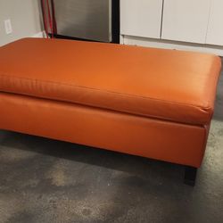 Pumpkin Orange Leather Ottoman - Cozy Custom Made (One Of A Kind) – Not as Bright as It Looks!