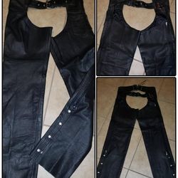 NEW UNISEX MEN'S WOMEN'S ADULT SIZE MEDIUM BLACK INTERSTATE GENUINE LEATHER RIDING MOTORCYCLE PROTECTIVE CHAPS