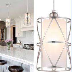 Set Of 2 Pendant Lights Kitchen Island with Frosted Glass, Brushed Nickel Hanging Kitchen Lights, Cylindrical Modern Pendant Light