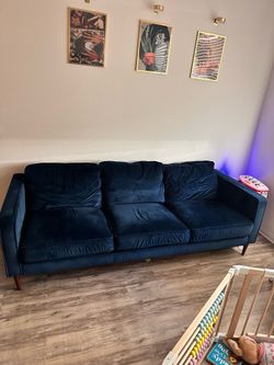 Living Spaces Blue Velvet Sofa and Chair