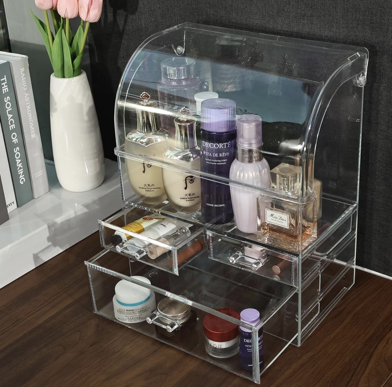 Large Acrylic Makeup Organizer for Vanity, 9.5" W x 6.3" D x 12.4" H Skincare Organizer