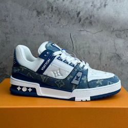 LOUIS VUITTON Trainer Denim leather casual low top low top fashion sneakers for men and women with denim blue and white color