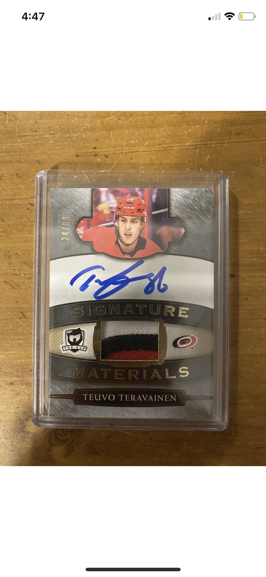 RARE TEUVO TERAVAINEN AUTOGRAPHED CARD WITH GAME USED JERSEY PATCH