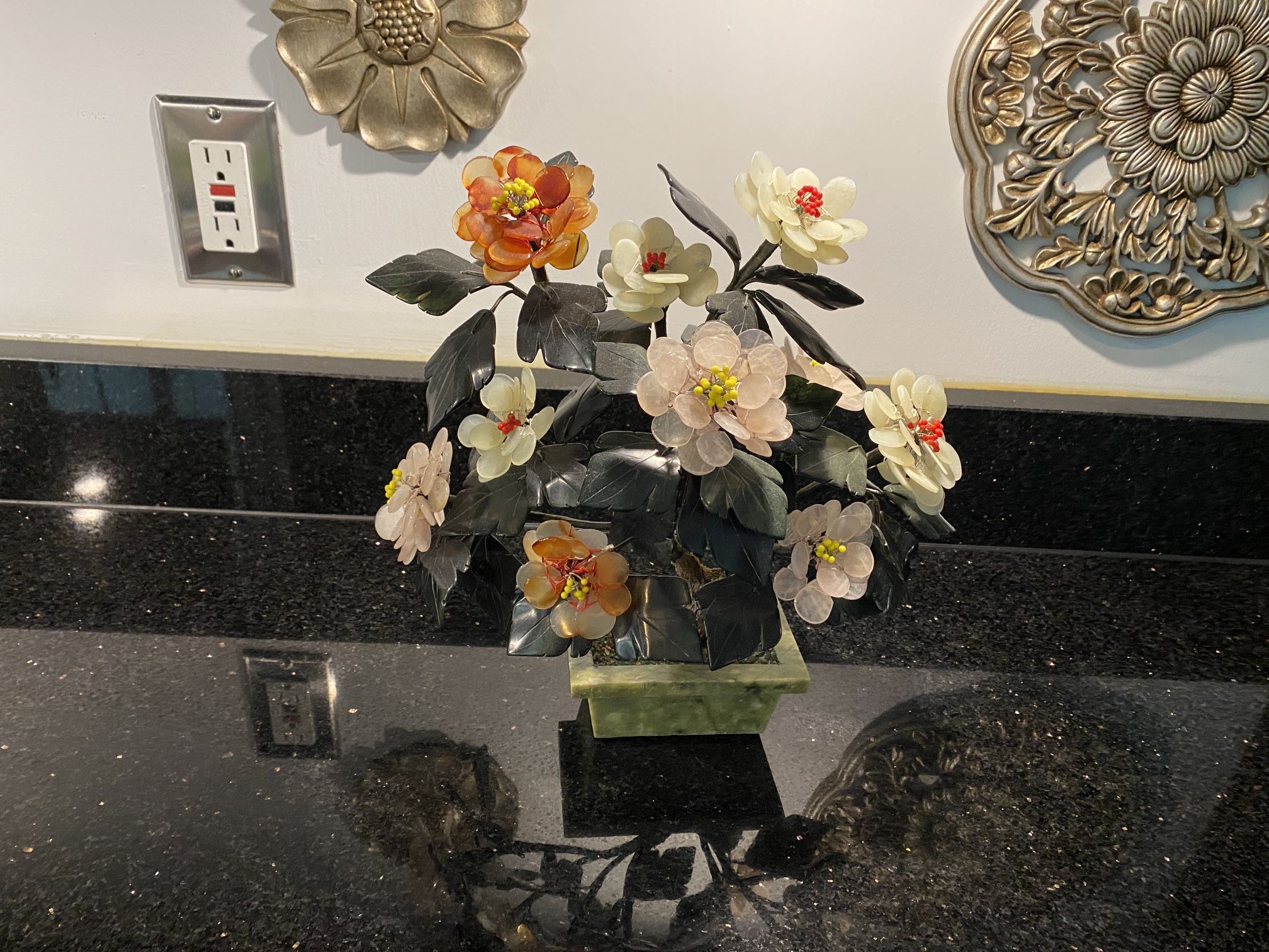 Mid Century Carved All Jade Agate Bonsai Flower Tree 12x12”"