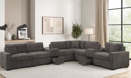 Modular Sectional Sofa with Storage Consoles and Cup Holders