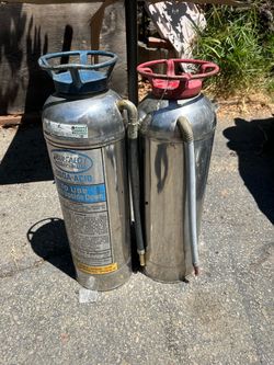 TWO SODA ACID VINTAGE FIRE EXTINGUISHER STAINLESS STEEL EMPTY