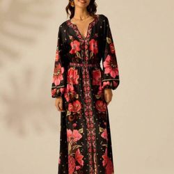 Size 4 Women's Boho Tropical Floral Print Puff Sleeve V-Neck Dress, Black