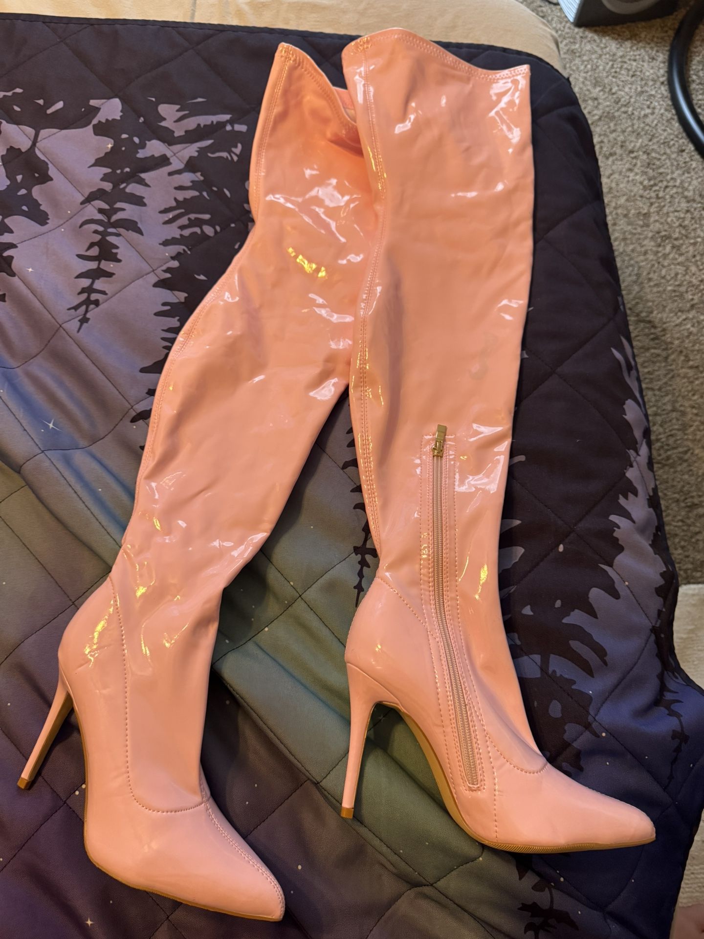 pink patent leather thigh-high stiletto boots,