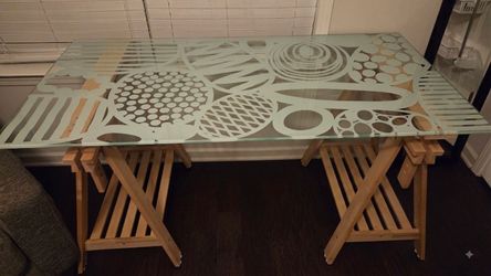 Glass Top Desk with Wood Trestle Legs