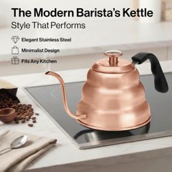 Gooseneck Kettle with Built-In Thermometer for Pour Over Coffee & Tea - 1L Stainless Steel Kettle Stovetop Safe with Precision Spout - Copper Coated S
