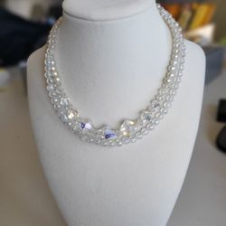 Vintage Double Stand Crystal And Pearl Choker Necklace 