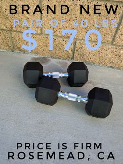 Pair of 40 lb rubber encased Hex dumbbells pounds