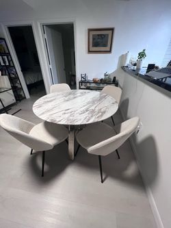 Round Marble style Top Dining Table with Metal Base and 4 chairs