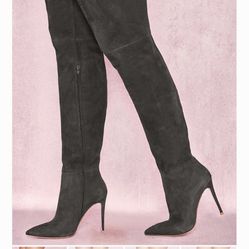 House of CB Extraordinaire Dark Grey Real Suede Thigh Boots 