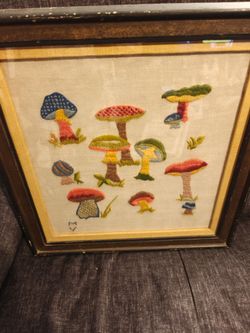 Handmade Crewel Embroidery Framed Mushroom Needlework Wall Hanging