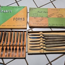 VTG 8 Party Forks and 6 Knives Stainless W/wood Handles Made In Japan 