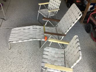 Vintage set of 2 folding chairs and lounger webbed aluminum lawn chairs by Sun Terrace 3 piece set, excellent condition for chairs from the  late 70”s