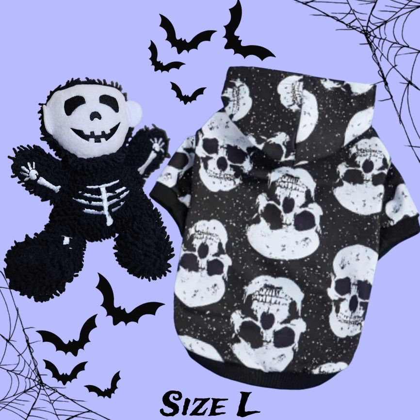 Halloween Skull Print Dog Hoddie & Squeaky Skeleton Toy 💀🐶✨️