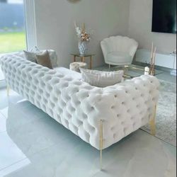 Title: Elegant Beige Velvet Sofa Set with Gold Legs ✨Financing Available Down $53 