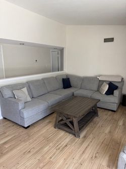 Living Spaces Gray L-Shaped Sectional 123x96 | Reversible Washable Cushions | Priced to Move