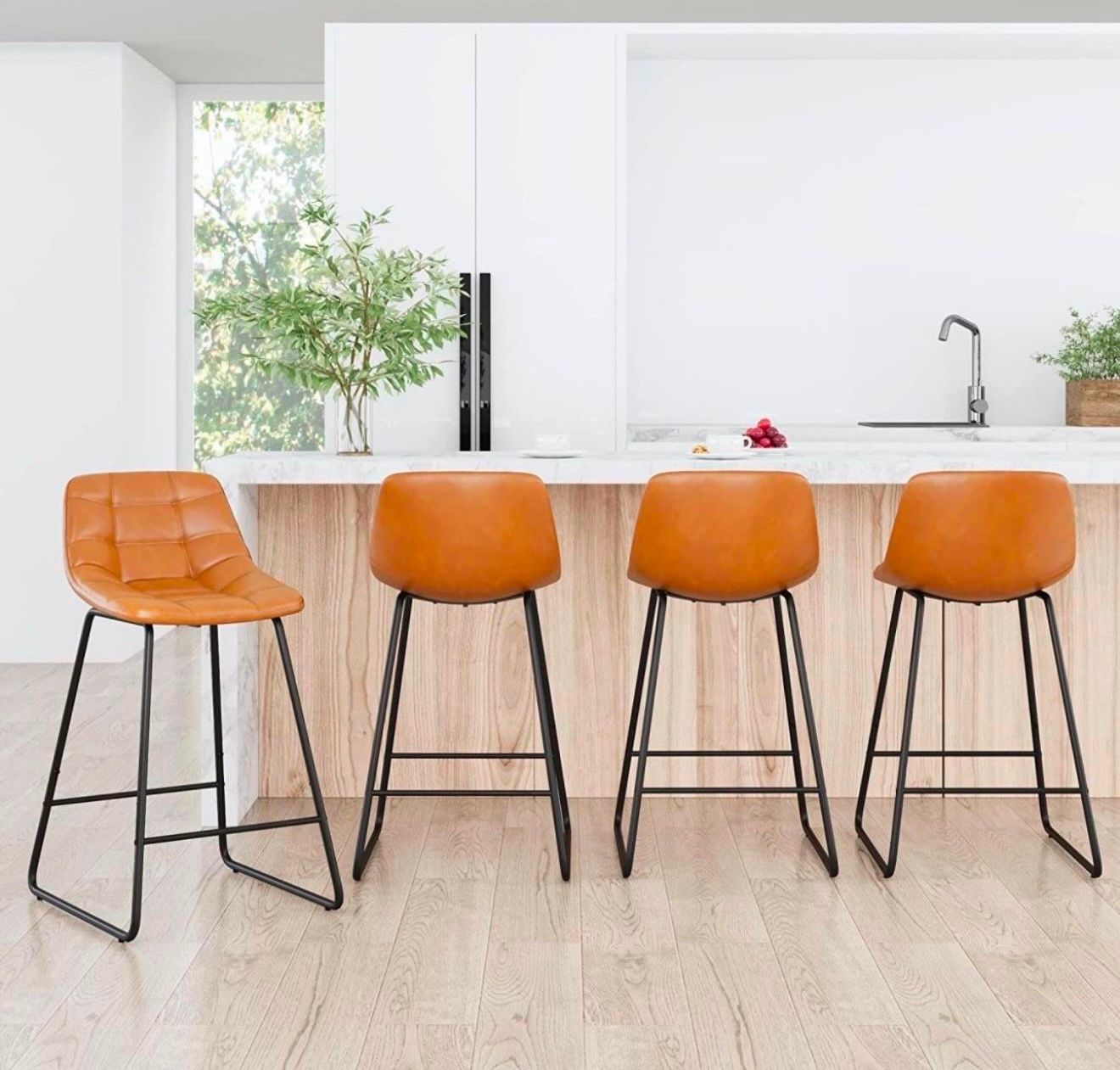 Upholstered Checkered Pattern Bar Stools Set of 4. Faux Leather 24 Inch Counter Height