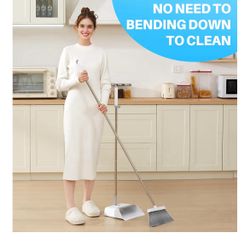 JOYMOOP White Broom and Dustpan Set, Upright Angle Design with Built-in Comb Teeth for Kitchen, Office, Pet Hair, Hard Floors
