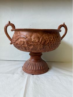 Vintage Metal Bowl with Handles on a Pedestal Base Featuring a Decorative Design of Grapes and Leaves