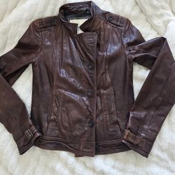 Abercrombie & Fitch Women's Brown Zip&Button Mia Leather Motorcycle Jacket Sz M