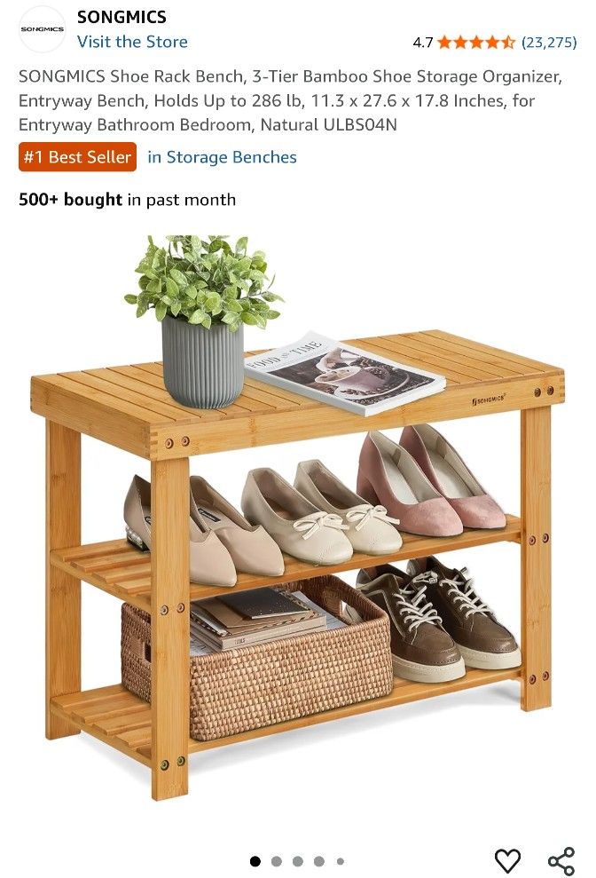 Shoe Rack Bench, 3-Tier Bamboo Shoe Storage Organizer, Entryway Bench, Holds Up to 286 lb, 11.3 x 27.6 x 17.8 Inches, for Entryway Bathroom B