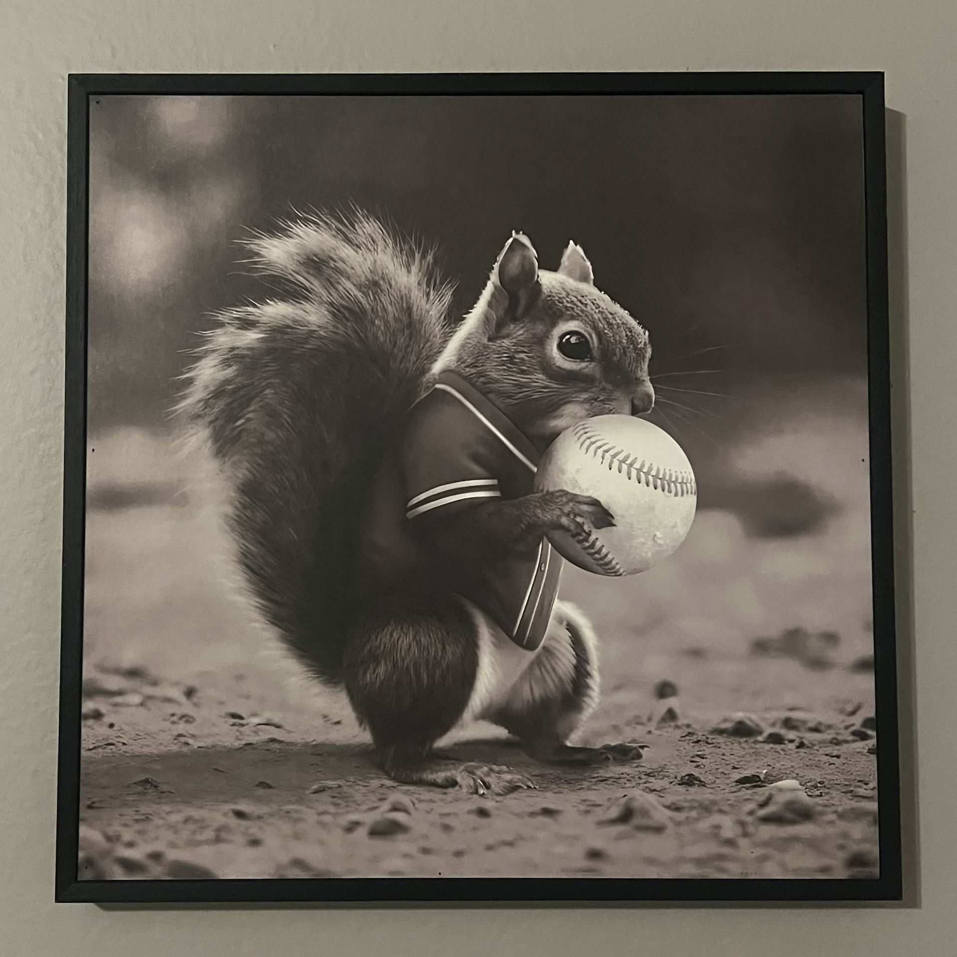 “Squirrel with Baseball” Cute Black Framed Wall Art Print 14x14”