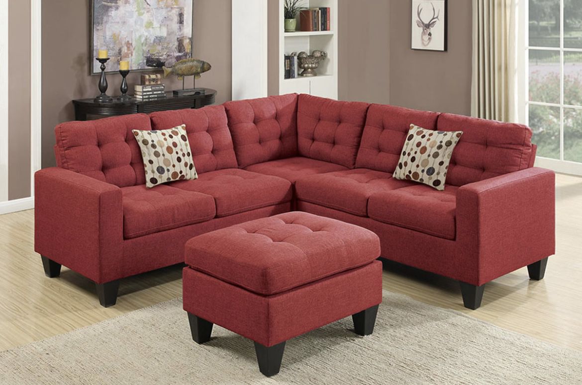 Red Sectional Sofa With Ottoman (Free Delivery)
