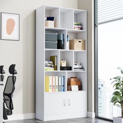 70" Tall White Bookshelf with 12 Cubes and 2 Doors, White 