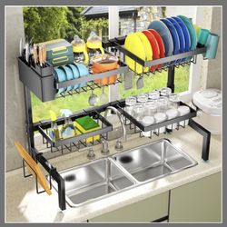YKLSLH 4 Baskets Over The Sink Dish Drying Rack, Extendable Large Capacity Sink Rack, Metal Drying Rack