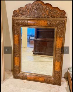 The Heirloom of Shadows Ornate Burl & copper Carved Crest Mirror