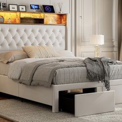 Upholstered Queen Size Bed With Headboard and Storage, 60" Tall With 2 Drawers, Tufted Wingback LED Light, Charging Station, No Box Spring Needed