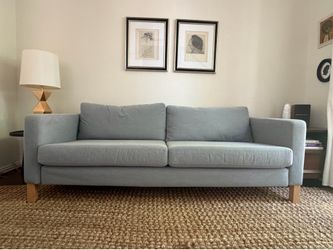 Light Gray IKEA Karlstad Fabric Sofa with Wood Legs