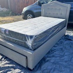 Gray New Twin Bed With Nice Mattress 
