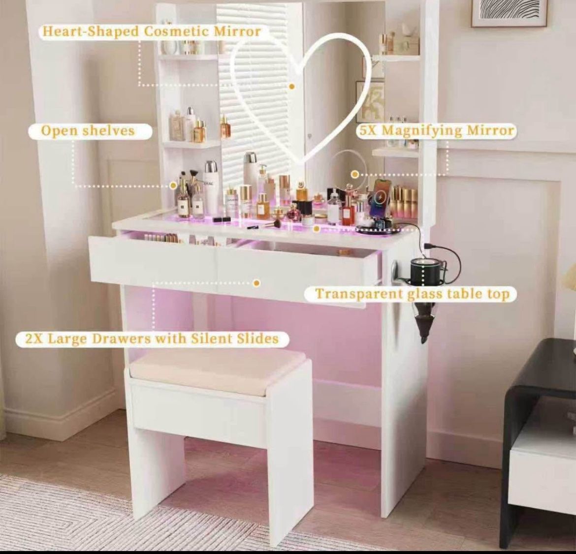 Vanity White Desk with Mirror and Lights Heart Strip, RGB Led, Glass Top Bedroom Dresser New in box