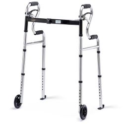 Walkers for Seniors with 5” Front Wheels by Health Line Massage Products, Width Adjustable Compact Standard Walker Support Up to 350lbs, Quick Folding