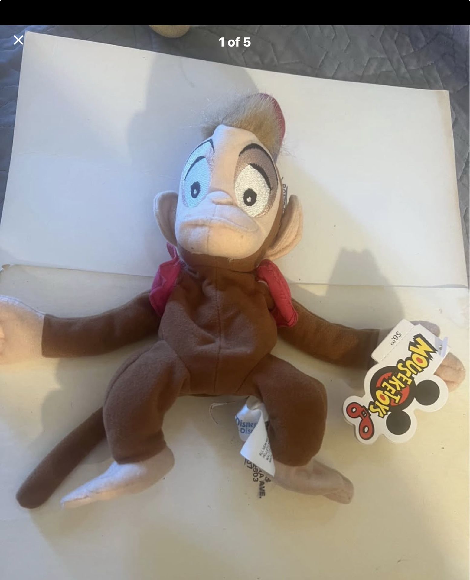 NWT Vintage The Disney Store Bean Bag Plush Abu the Monkey from Aladdin
