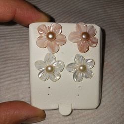 Vintage 925 Sterling Silver Mother Pearl Earrings 2 Pair 